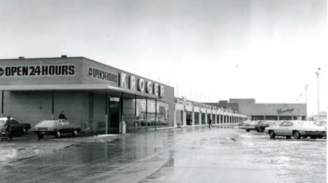 Vintage black and white photo of Westborn Mall with Kroger and Crowley's