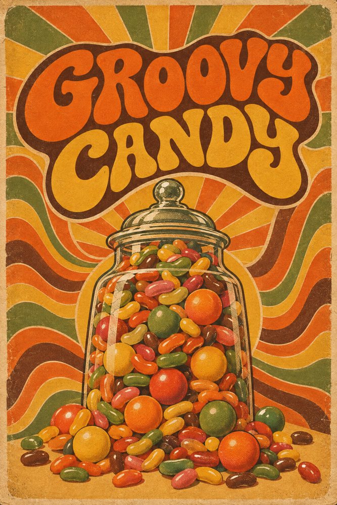 1970s groovy style candy poster