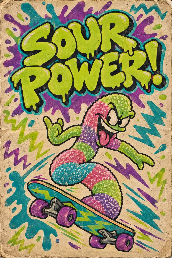 1990s cartoon style candy poster